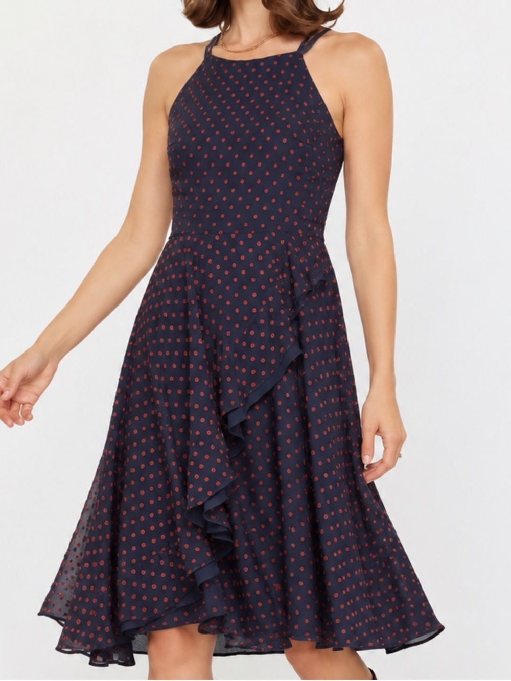Eva Franco Navy & Red Textured Polka Dot Fit & Flare Dress Keyhole Back Size 6
